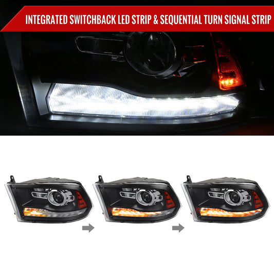 2009-2018 Dodge RAM 1500 / 2019-2021 RAM Classic / 2010-2018 RAM 2500 3500 Switchback Sequential LED Bar Projector Headlights (Matte Black Housing/Clear Lens)