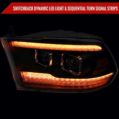 2009-2018 Dodge RAM 1500  / 2019-2021 RAM Classic / 2010-2018 RAM 2500 3500 Switchback Sequential Projector Headlights (Matte Black Housing/Clear Lens)