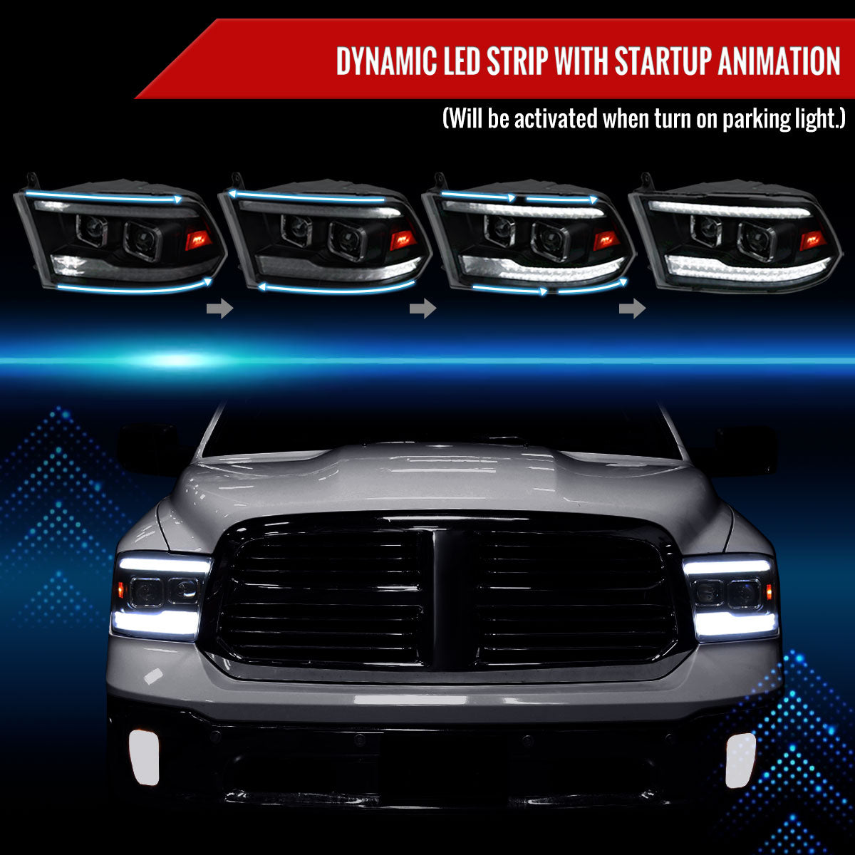 2009-2018 Dodge RAM 1500  / 2019-2021 RAM Classic / 2010-2018 RAM 2500 3500 Switchback Sequential Projector Headlights (Matte Black Housing/Smoked Lens)
