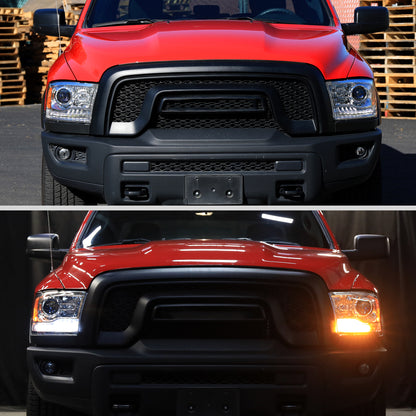 2013-2018 Ram 1500 2500 3500 Sequential LED Bar Signal Projector Headlights (Chrome Housing/Clear Lens)