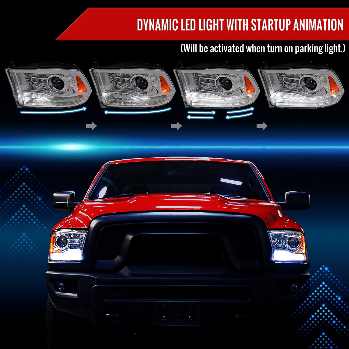 2013-2018 Ram 1500 2500 3500 Sequential LED Bar Signal Projector Headlights (Chrome Housing/Clear Lens)