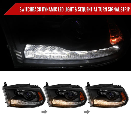 2013-2018 Ram 1500 2500 3500 Sequential LED Bar Signal Projector Headlights (Matte Black Housing/Clear Lens)