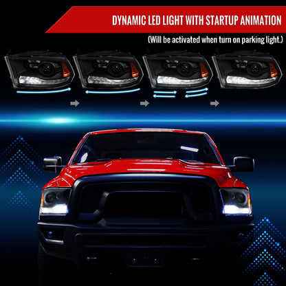2013-2018 Ram 1500 2500 3500 Sequential LED Bar Signal Projector Headlights (Matte Black Housing/Clear Lens)