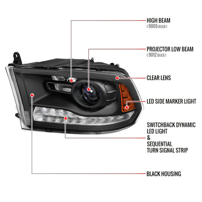 2013-2018 Ram 1500 2500 3500 Sequential LED Bar Signal Projector Headlights (Matte Black Housing/Clear Lens)