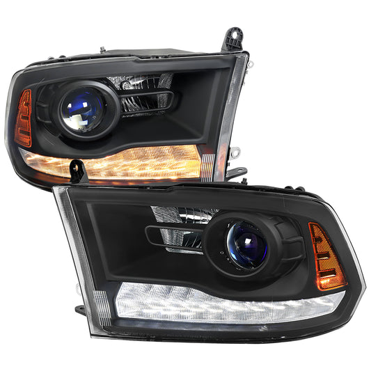 2013-2018 Ram 1500 2500 3500 Sequential LED Bar Signal Projector Headlights (Matte Black Housing/Clear Lens)