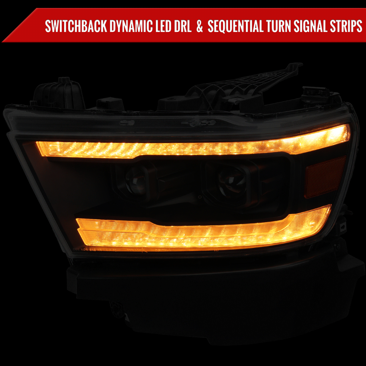 2019-2024 Dodge RAM 1500 Switchback Sequential LED Turn Signal Projector Headlights (Matte Black Housing/Clear Lens)