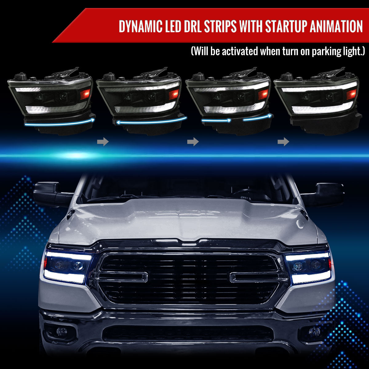 2019-2024 Dodge RAM 1500 Switchback Sequential LED Turn Signal Projector Headlights (Matte Black Housing/Smoked Lens)