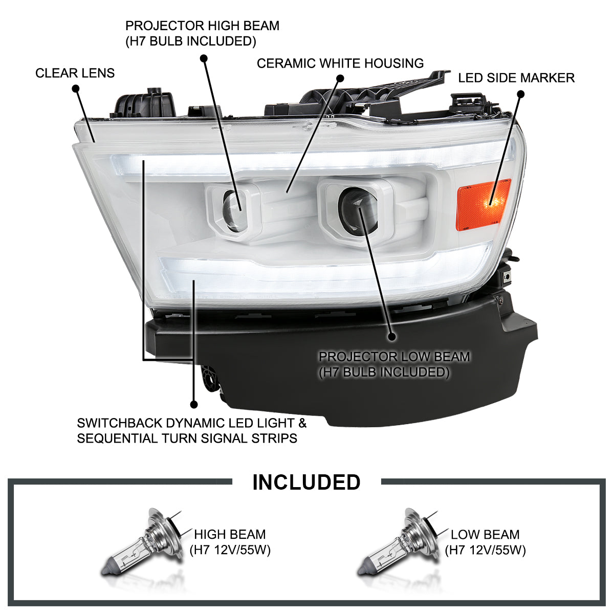 2019-2024 Dodge RAM 1500 Switchback Sequential LED Turn Signal Projector Headlights (White Housing/Clear Lens)