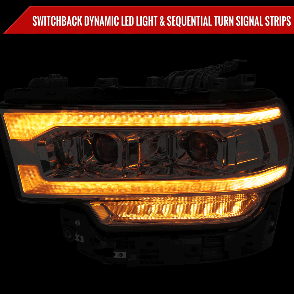 2019-2024 Dodge RAM 2500/3500/4500/5500 Switchback Sequential LED Turn Signal Projector Headlights (Chrome Housing/Clear Lens)