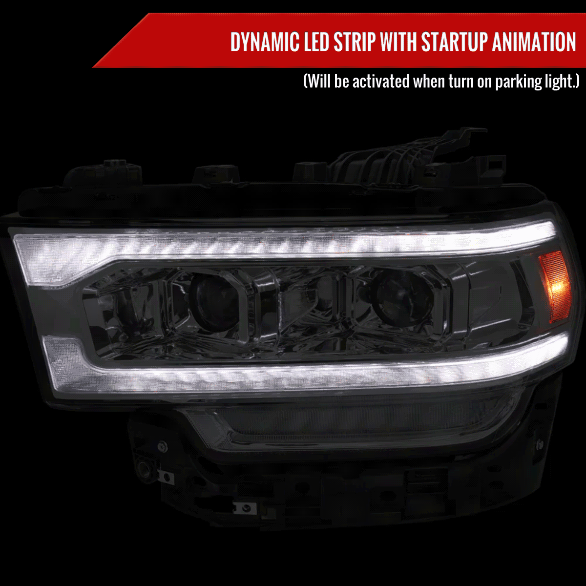 2019-2024 Dodge RAM 2500/3500/4500/5500 Switchback Sequential LED Turn Signal Projector Headlights (Jet Black Housing/Smoked Lens)