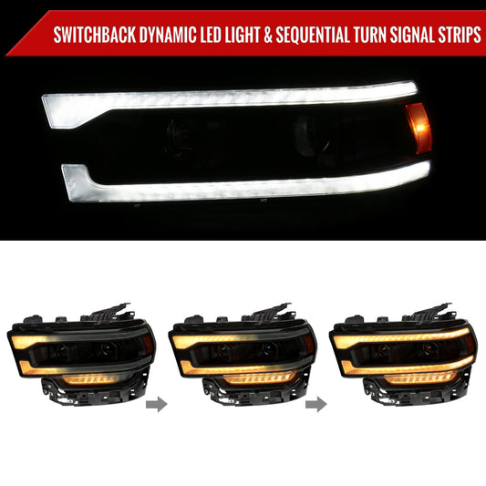 2019-2024 Dodge RAM 2500/3500/4500/5500 Switchback Sequential LED Turn Signal Projector Headlights (Jet Black Housing/Smoked Lens)