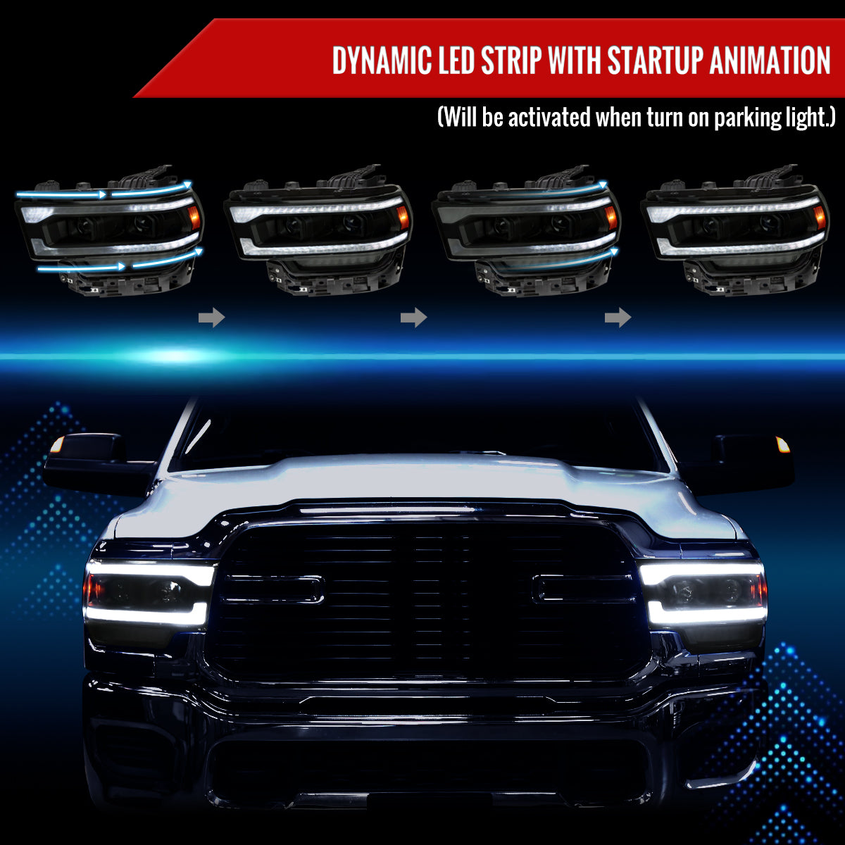 2019-2024 Dodge RAM 2500/3500/4500/5500 Switchback Sequential LED Turn Signal Projector Headlights (Jet Black Housing/Smoked Lens)