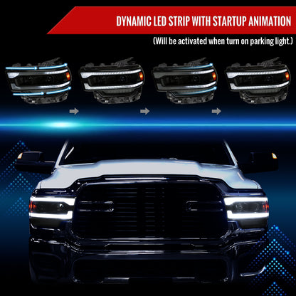 2019-2024 Dodge RAM 2500/3500/4500/5500 Switchback Sequential LED Turn Signal Projector Headlights (Jet Black Housing/Smoked Lens)