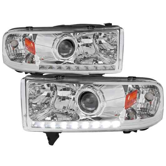 1994-2001 Dodge RAM 1500/ 1994-2002 RAM 2500 3500 Projector Headlights w/ SMD LED Light Strip (Chrome Housing/Clear Lens)