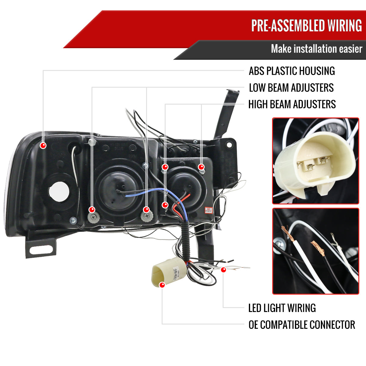 1994-2001 Dodge RAM 1500 2500 3500 Dual Halo Projector Headlights (Jet Black Housing/Clear Lens)