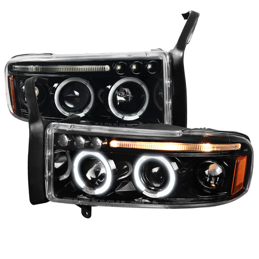 1994-2001 Dodge RAM 1500 2500 3500 Dual Halo Projector Headlights (Jet Black Housing/Clear Lens)