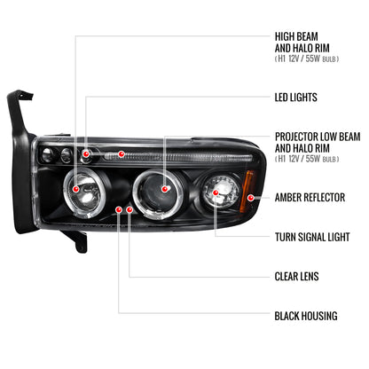 1994-2001 Dodge RAM Dual Halo Projector Headlights (Matte Black Housing/Clear Lens)