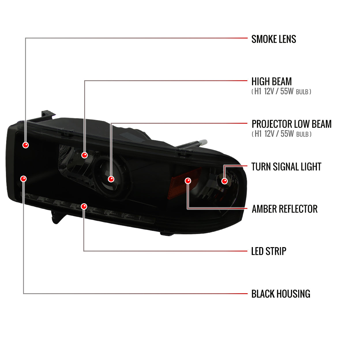 1994-2001 Dodge RAM 1500/ 1994-2002 RAM 2500 3500 Projector Headlights w/ SMD LED Light Strip (Black Housing/Smoked Lens)