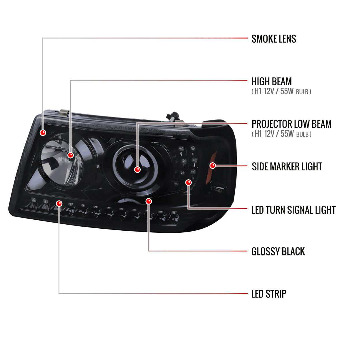2001-2011 Ford Ranger Projector Headlights w/ LED Light Strip & LED Turn Signal Lights (Glossy Black Housing/Smoked Lens)