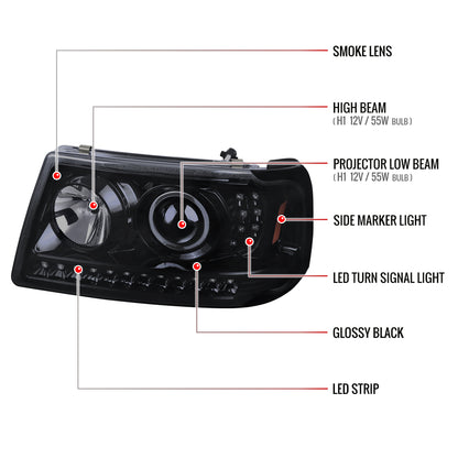 2001-2011 Ford Ranger Projector Headlights w/ LED Light Strip & LED Turn Signal Lights (Glossy Black Housing/Smoked Lens)