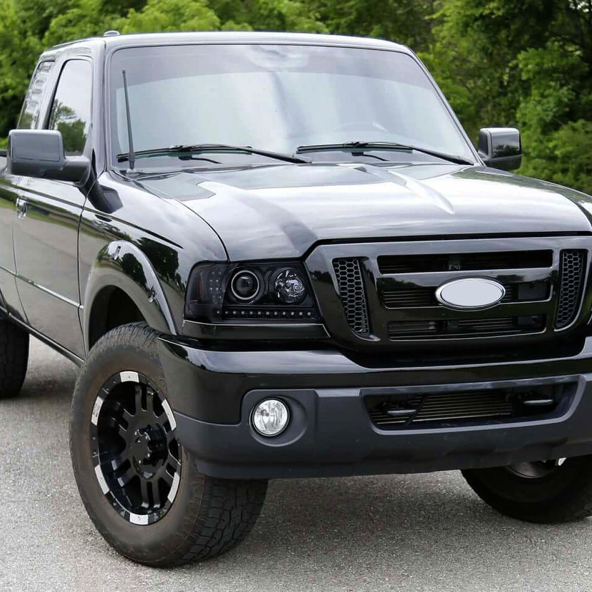2001-2011 Ford Ranger Projector Headlights w/ LED Light Strip & LED Turn Signal Lights (Glossy Black Housing/Smoked Lens)