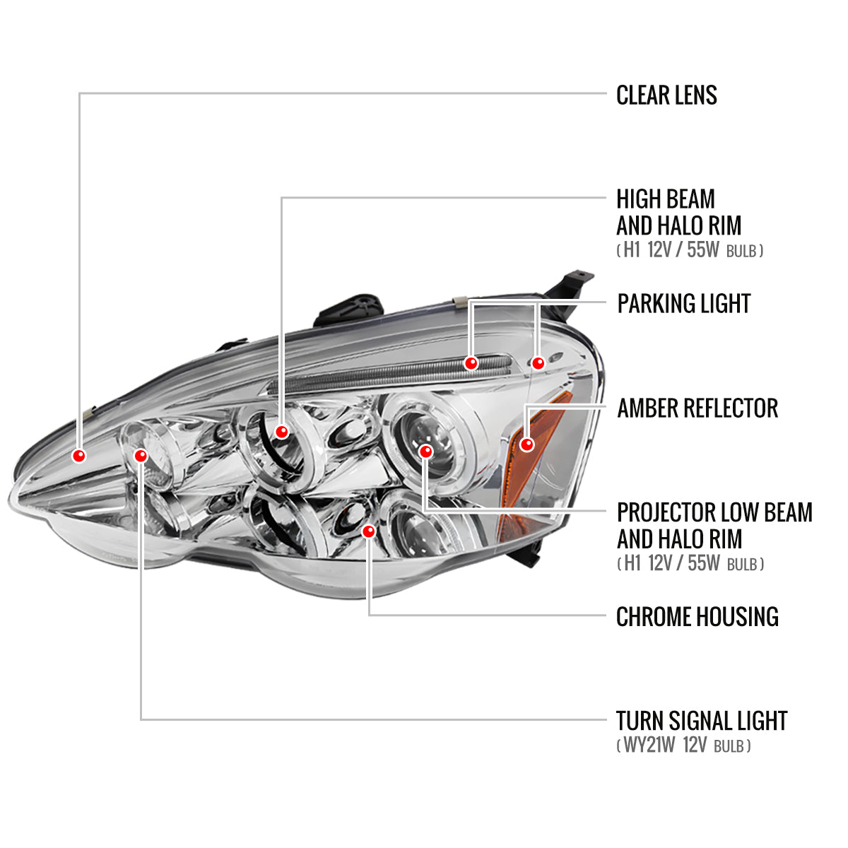 2002-2004 Acura RSX Dual Halo Projector Headlights (Chrome Housing/Clear Lens)