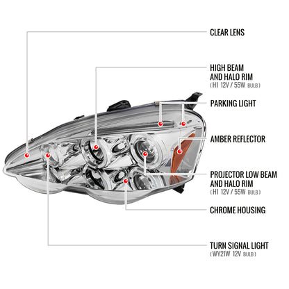 2002-2004 Acura RSX Dual Halo Projector Headlights (Chrome Housing/Clear Lens)