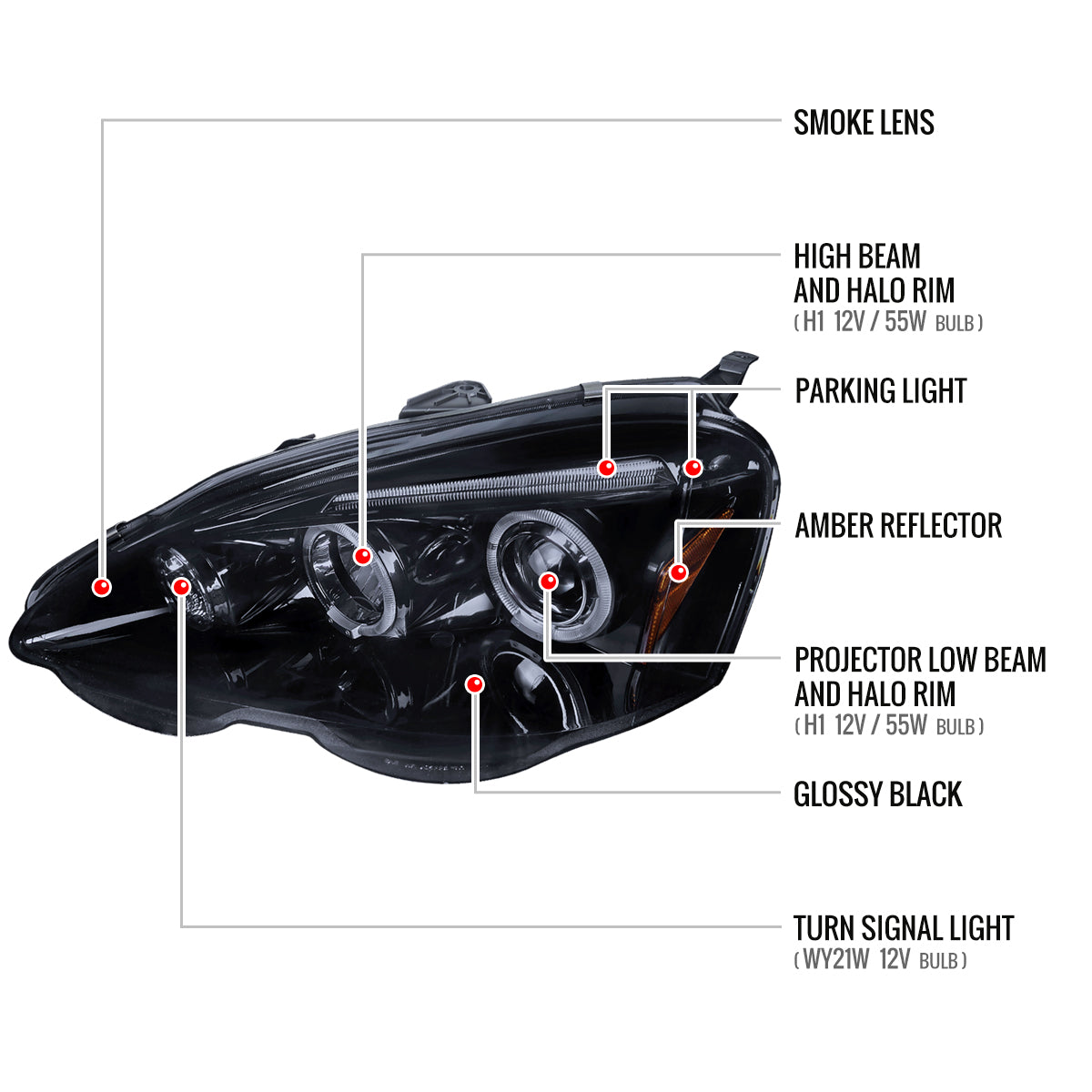 2002-2004 Acura RSX Dual Halo Projector Headlights (Glossy Black Housing/Smoked Lens)