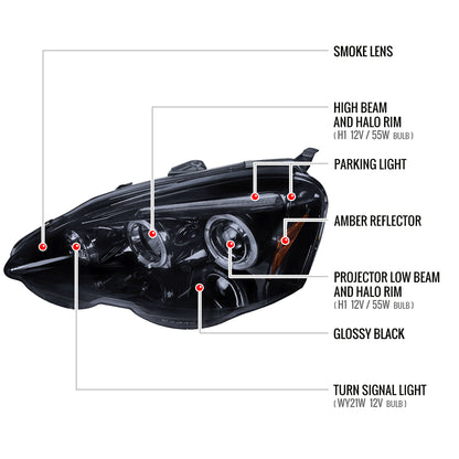 2002-2004 Acura RSX Dual Halo Projector Headlights (Glossy Black Housing/Smoked Lens)