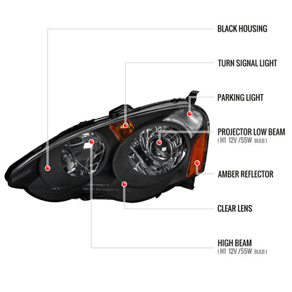 2002-2004 Acura RSX Retro Style Projector Headlights w/ Amber Reflectors (Matte Black Housing/Clear Lens)