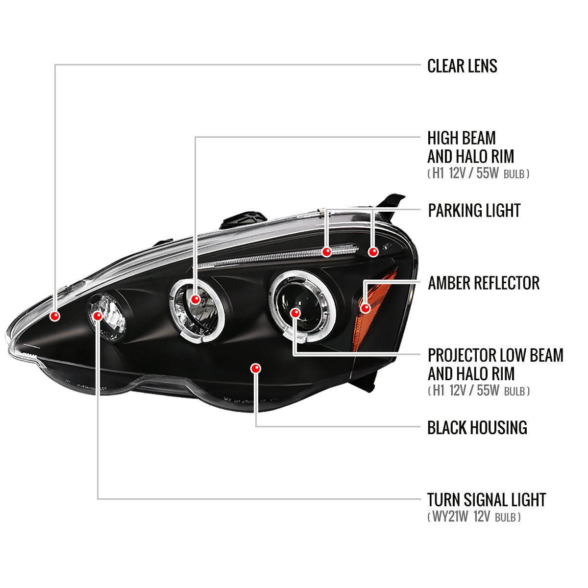2002-2004 Acura RSX Dual Halo Projector Headlights (Matte Black Housing/Clear Lens)
