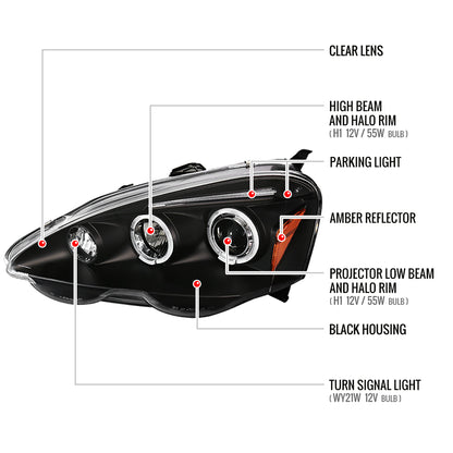2002-2004 Acura RSX Dual Halo Projector Headlights (Matte Black Housing/Clear Lens)