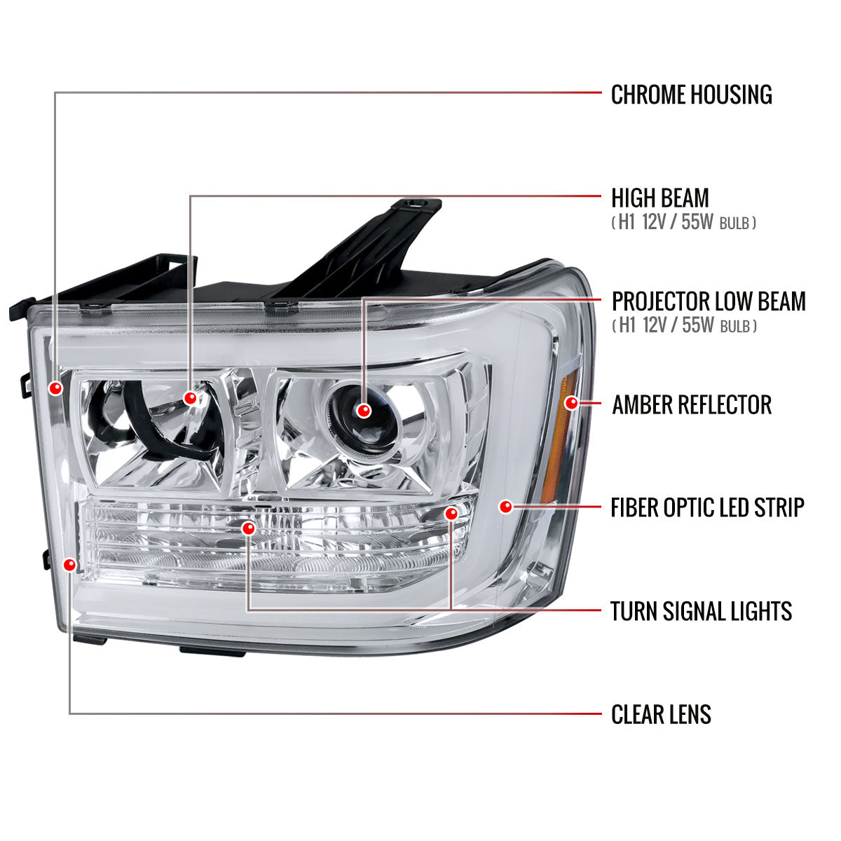 2007-2013 GMC Sierra 1500 / 2007-2014 Sierra 1500HD 2500HD 3500HD / 2009-2013 Sierra 1500 Hybrid LED C-Bar Projector Headlights (Chrome Housing/Clear Lens)