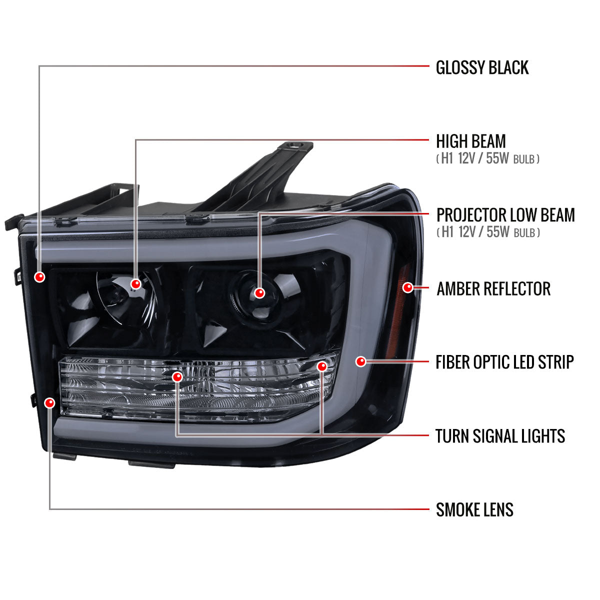 2007-2013 GMC Sierra 1500 / 2007-2014 Sierra 1500HD 2500HD 3500HD / 2009-2013 Sierra 1500 Hybrid LED C-Bar Projector Headlights (Glossy Black Housing/Smoked Lens)