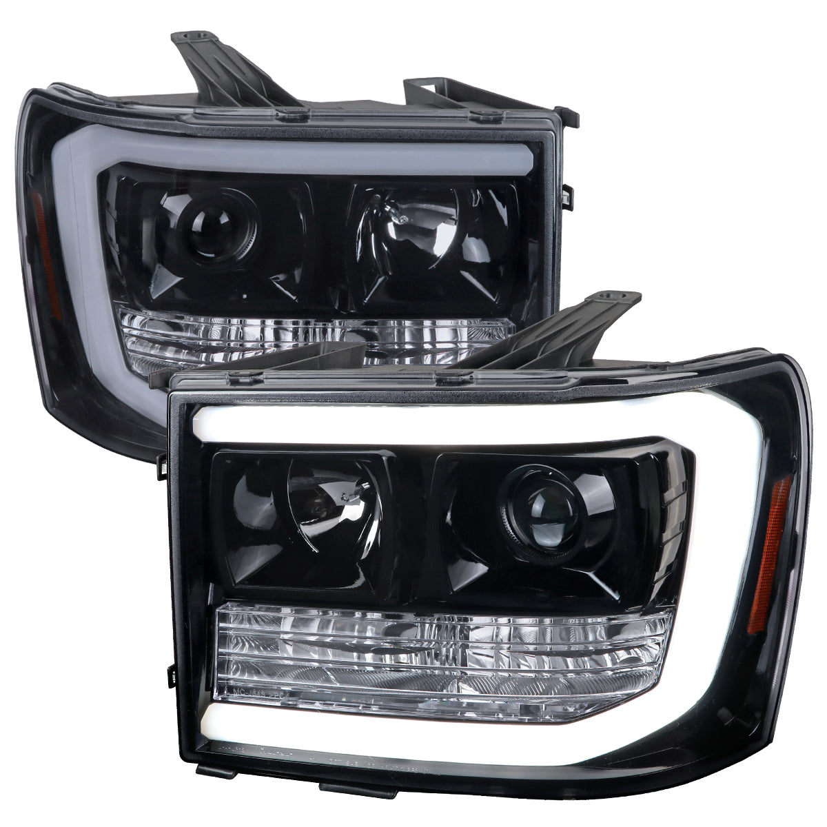 2007-2013 GMC Sierra 1500 / 2007-2014 Sierra 1500HD 2500HD 3500HD / 2009-2013 Sierra 1500 Hybrid LED C-Bar Projector Headlights (Glossy Black Housing/Smoked Lens)
