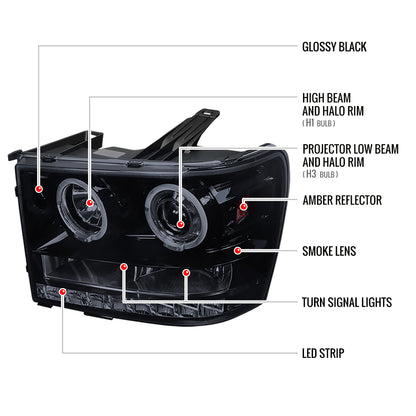 2007-2014 GMC Sierra SMD Dual Halo Projector Headlights (Glossy Black Housing/Smoked Lens)