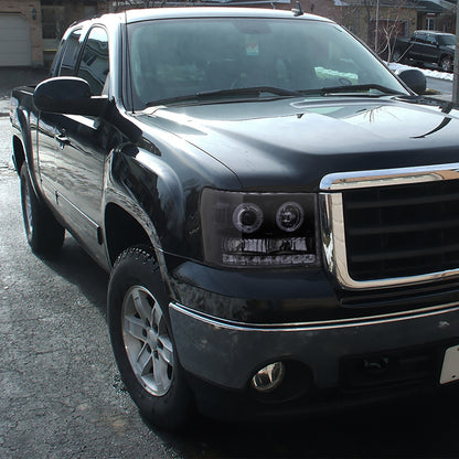 2007-2014 GMC Sierra SMD Dual Halo Projector Headlights (Glossy Black Housing/Smoked Lens)