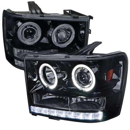 2007-2014 GMC Sierra SMD Dual Halo Projector Headlights (Glossy Black Housing/Smoked Lens)