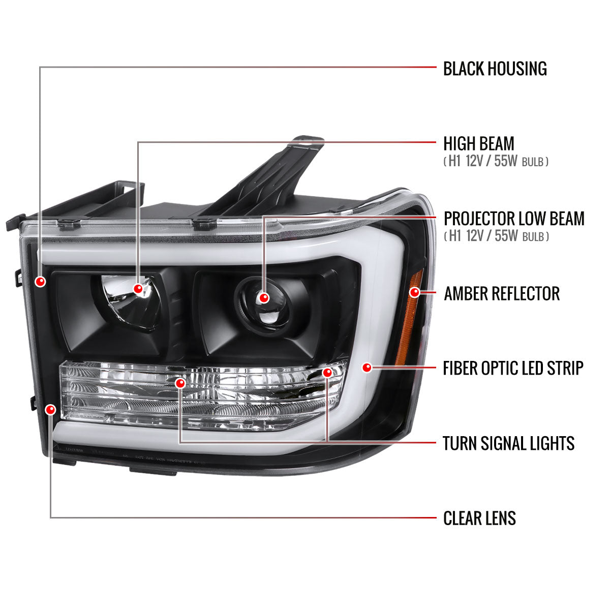 2007-2013 GMC Sierra 1500 / 2007-2014 Sierra 1500HD 2500HD 3500HD / 2009-2013 Sierra 1500 Hybrid LED C-Bar Projector Headlights (Matte Black Housing/Clear Lens)