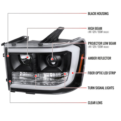 2007-2013 GMC Sierra 1500 / 2007-2014 Sierra 1500HD 2500HD 3500HD / 2009-2013 Sierra 1500 Hybrid LED C-Bar Projector Headlights (Matte Black Housing/Clear Lens)