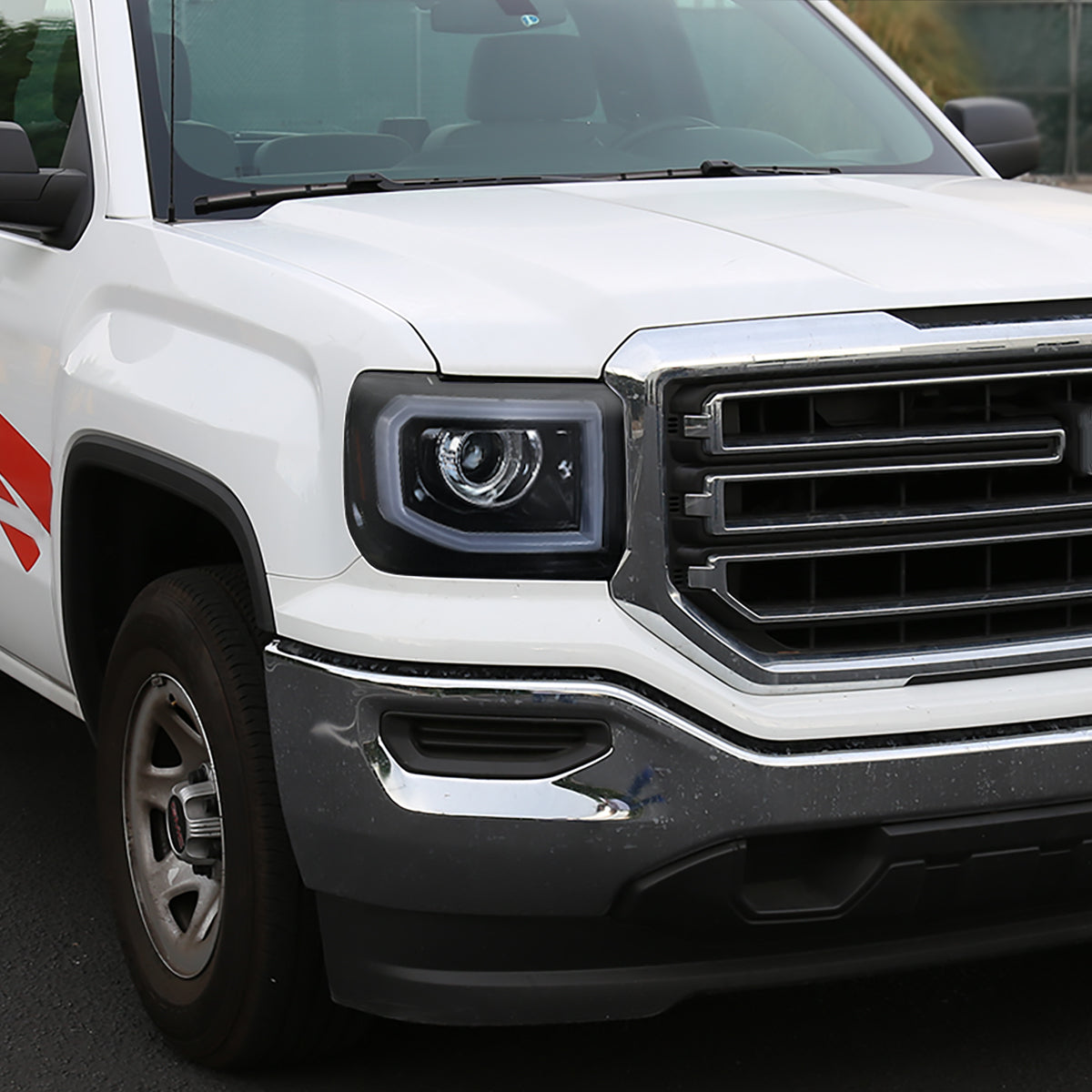 2014-2019 GMC Sierra 1500/2500/3500 LED Bar Projector Headlights w/ LED Turn Signals Lights (Glossy Black Housing/Smoked Lens)
