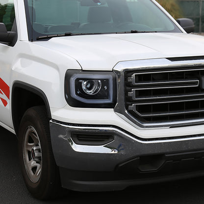 2014-2019 GMC Sierra 1500/2500/3500 LED Bar Projector Headlights w/ LED Turn Signals Lights (Glossy Black Housing/Smoked Lens)