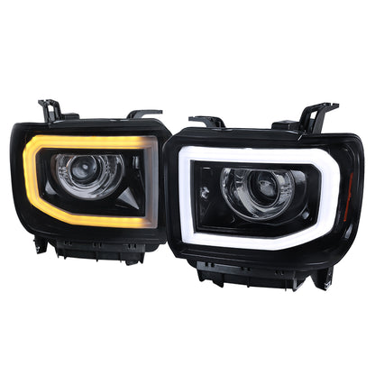 2014-2019 GMC Sierra 1500/2500/3500 LED Bar Projector Headlights w/ LED Turn Signals Lights (Glossy Black Housing/Smoked Lens)