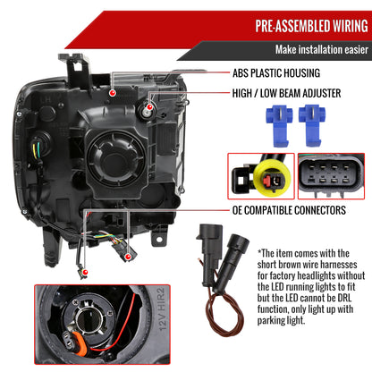 2014-2019 GMC Sierra LED Light Strip Projector Headlights (Matte Black Housing/Clear Lens)