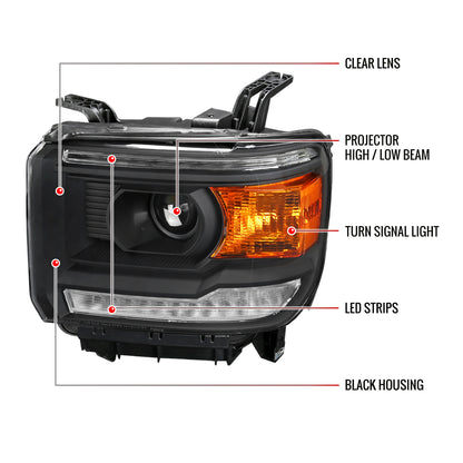2014-2019 GMC Sierra LED Light Strip Projector Headlights (Matte Black Housing/Clear Lens)