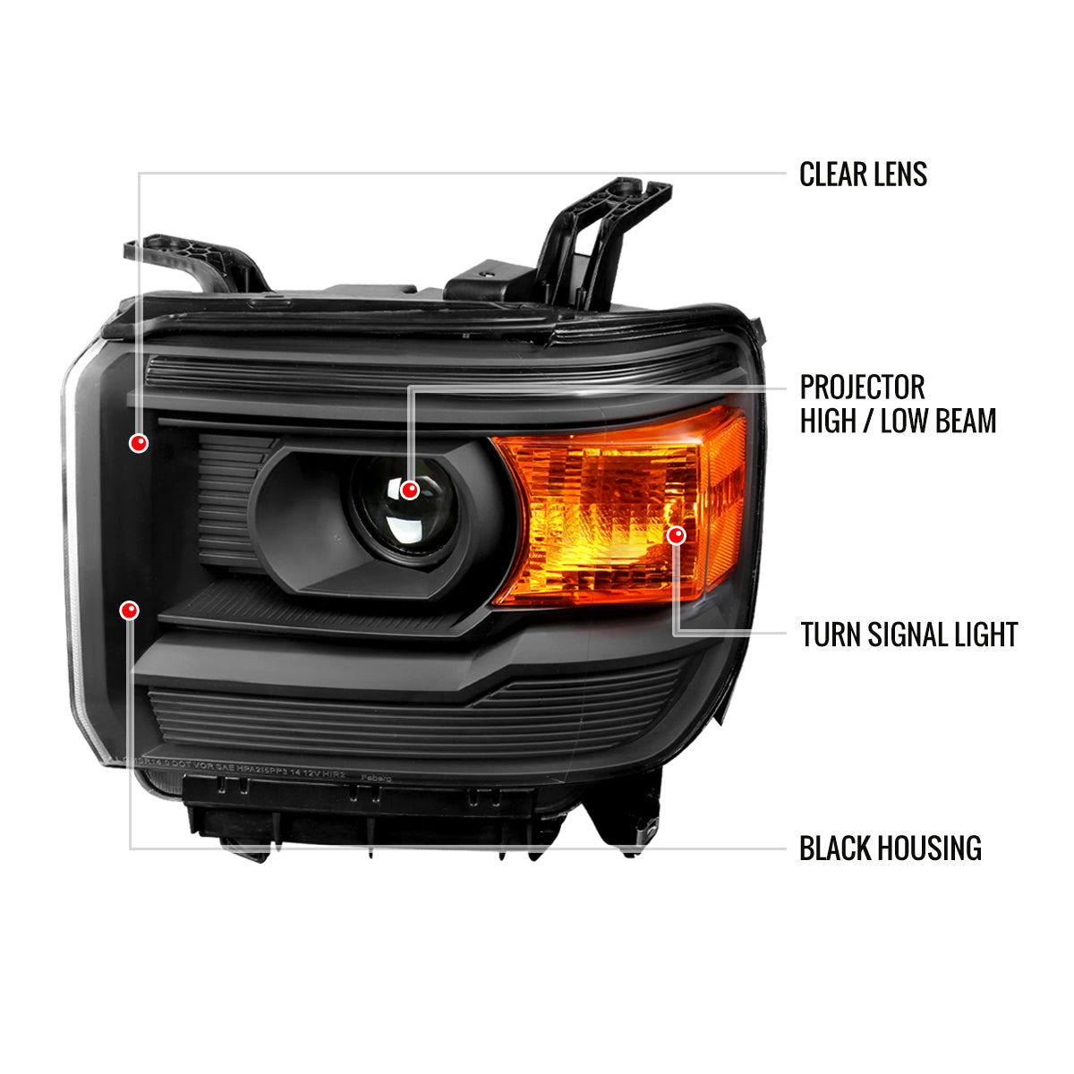 2014-2019 GMC Sierra 1500/2500HD/3500HD Projector Headlights w/ Amber Reflectors (Matte Black Housing/Clear Lens)