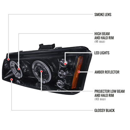 2002-2006 Chevrolet Avalanche/ 2003-2007 Silverado Dual Halo Projector Headlights (Glossy Black Housing/Smoked Lens)