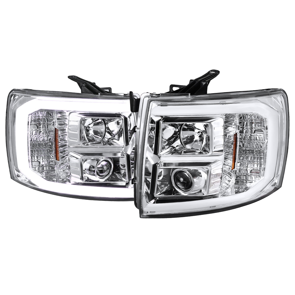 2007-2013 Chevrolet Silverado 1500/ 2007-2014 Silverado 2500HD 3500HD LED C-Bar Projector Headlights (Chrome Housing/Clear Lens)