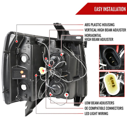 2007-2013 Chevrolet Silverado 1500/ 2007-2014 Silverado 2500HD 3500HD Dual Halo Projector Headlights (Jet Black Housing/Clear Lens)