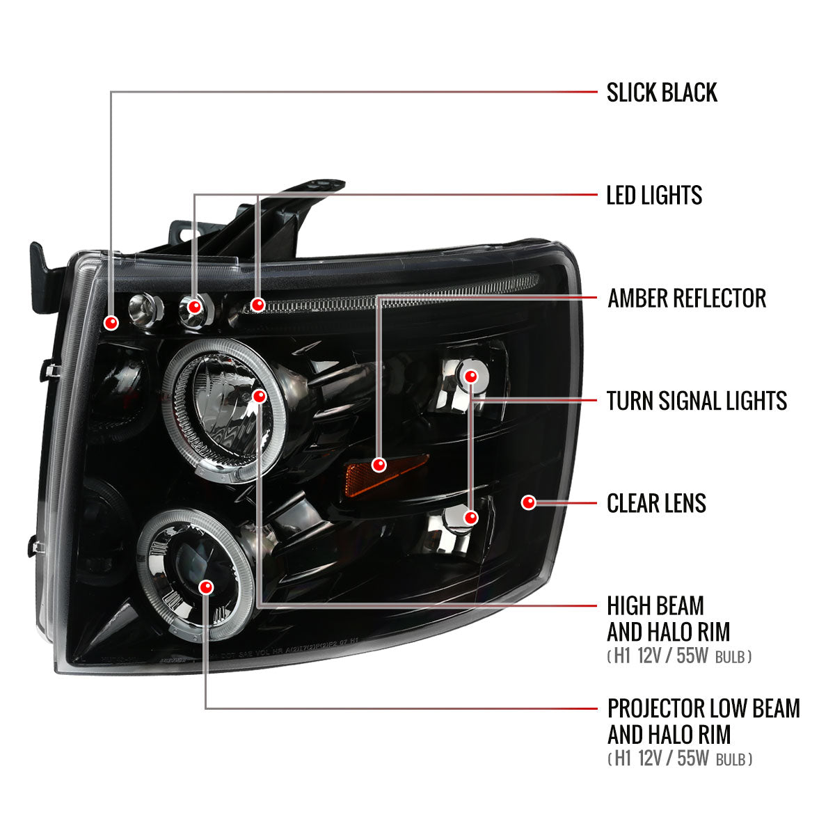 2007-2013 Chevrolet Silverado 1500/ 2007-2014 Silverado 2500HD 3500HD Dual Halo Projector Headlights (Jet Black Housing/Clear Lens)